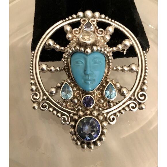 SAJEN Turquoise Face Goddess Sterling Blue Topaz/Multi Gemstone Pendant/Brooch - Picture 1 of 4